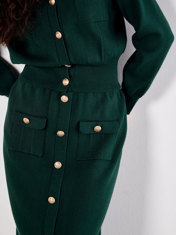 Ribbed Knit Button-Down Midi Skirt, Green, large