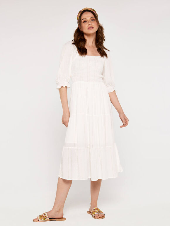 Dobby  Smock Midi  Dress, Cream, large