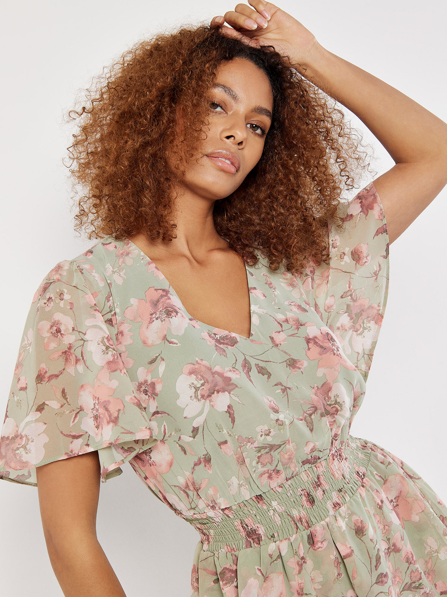 Watercolour Blooms Chiffon Mini Dress Apricot Clothing