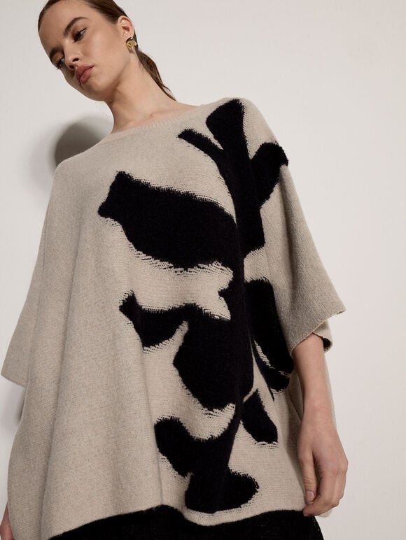 Abstract Flower Oversized Cape Jumper, Stone, large