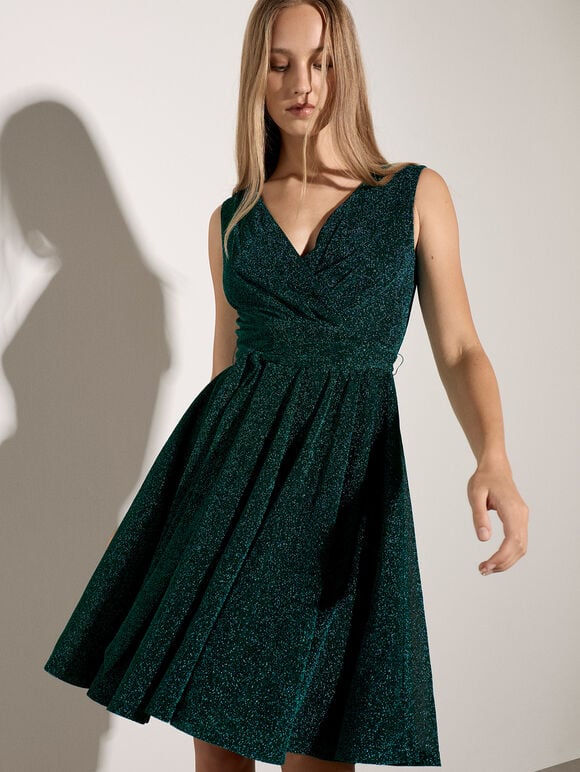 Metallic Pleat Skater Mini Dress, Teal, large
