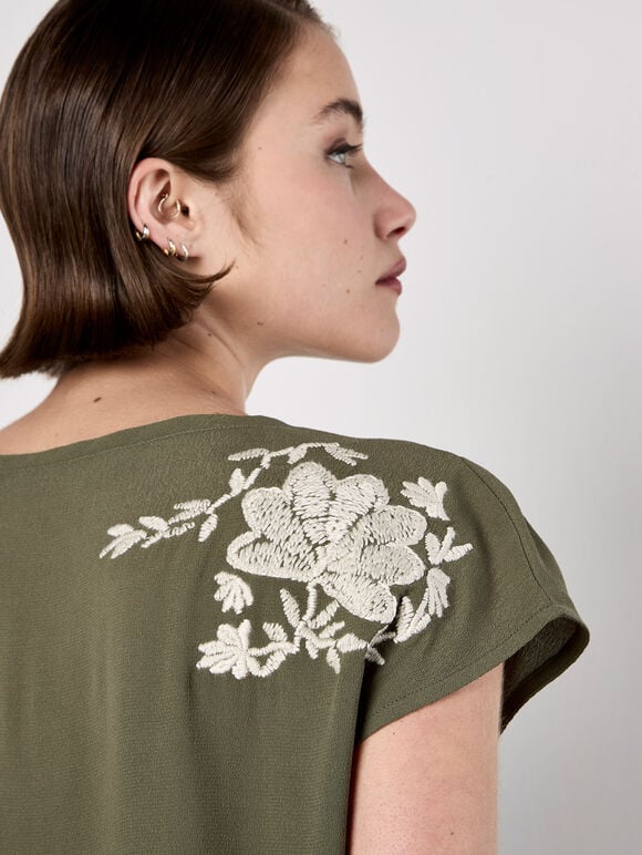 Floral Embroidered Crepe Top, Khaki, large