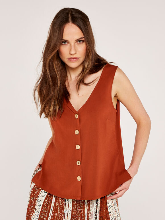 V Neck Button Down Vest Top, Rust, large