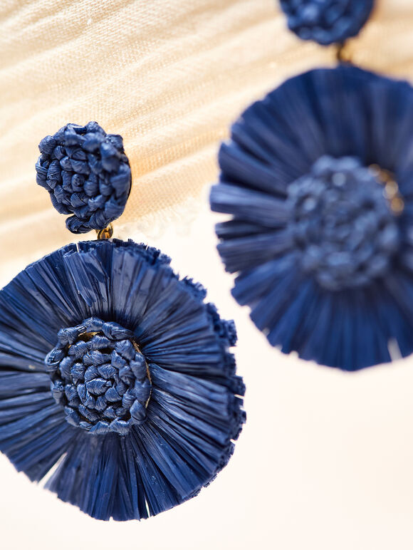 Raffia Circle Earrings, Blue, large