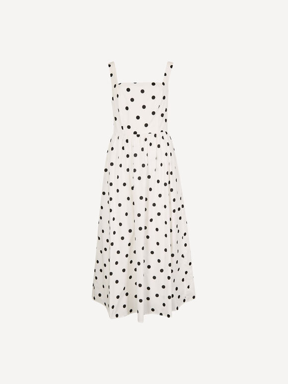 Polka Dot Smocked Midi Dress, White, large