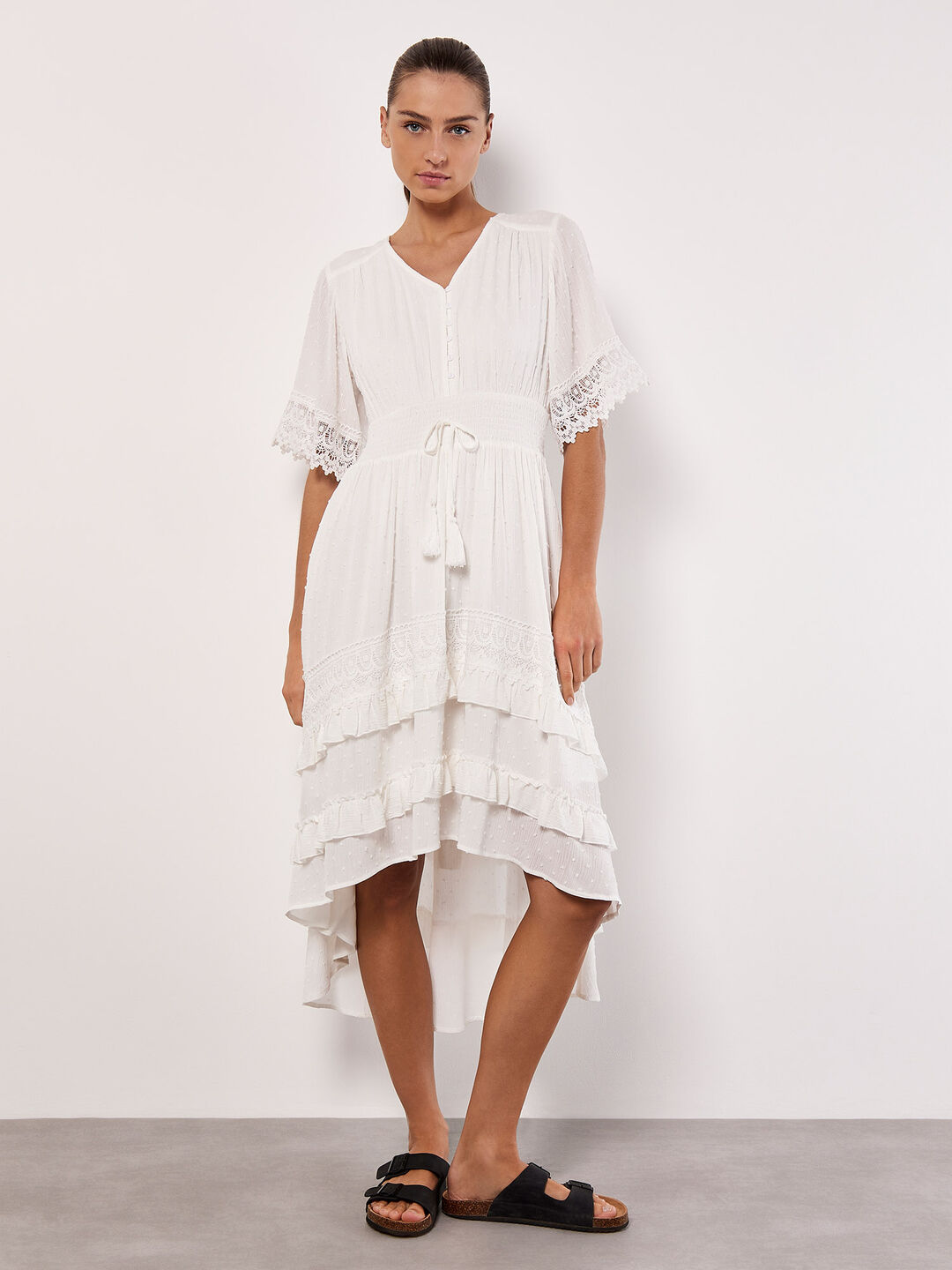 Dobby Ruffle Tiered Midi Dress