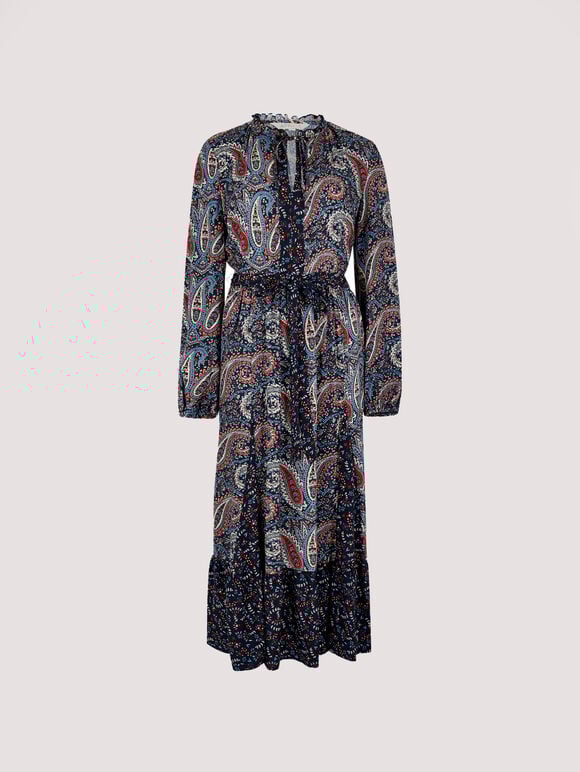 Paisley Mix-Match Midi Dress, Navy, large