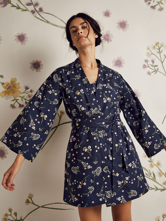 Botanical Print Tie Waist Kimono, Navy, large