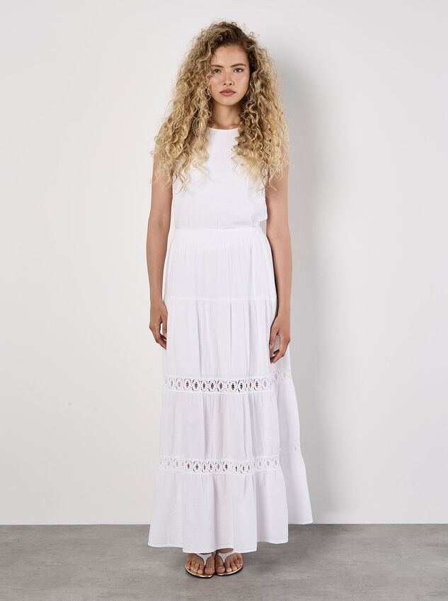 Tiered Crochet Insert Maxi Skirt, White, large