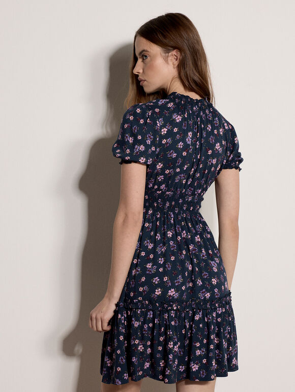 Floral Print Smocked Mini Dress, Navy, large