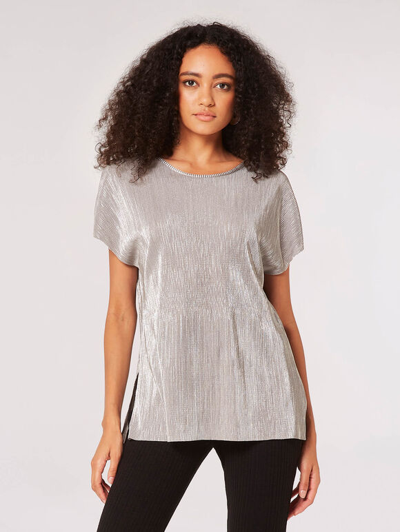 Metallic Plisse V-Back Top, Silver, large