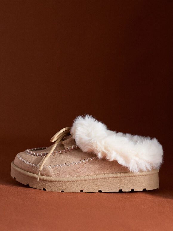 Sherpa-Lined Slip-On Moccasins, Stone, large