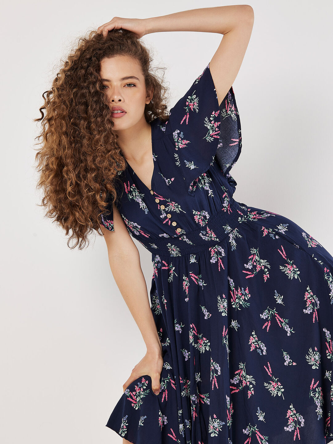 Botanical Floral Smocked Midi Dress