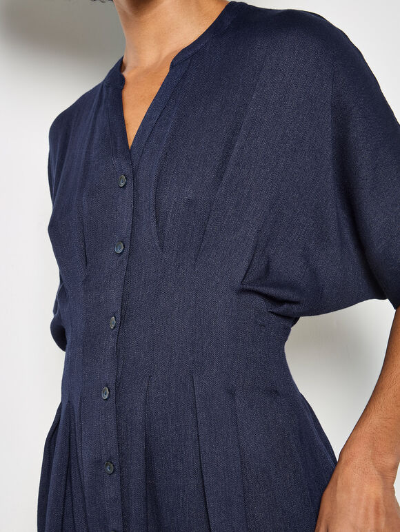 Pleated Shirt Midi Dress, Navy, large