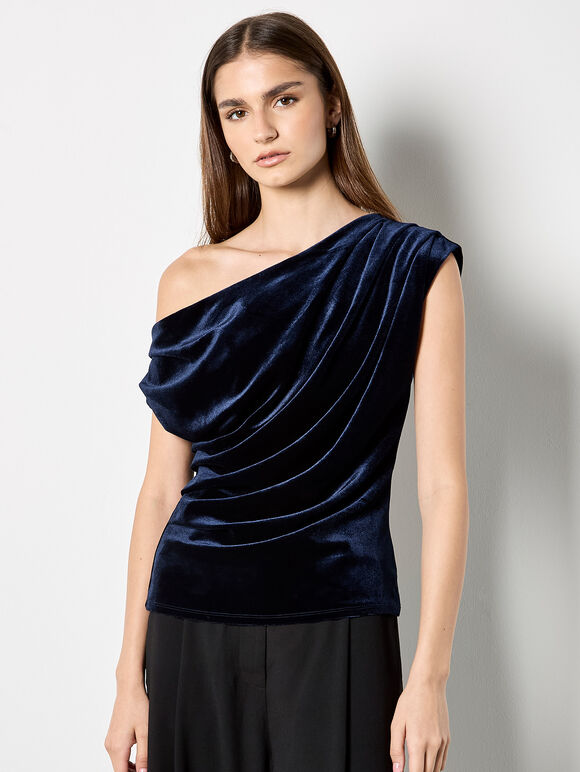 Draped One-Shoulder Asymmetric Velvet Top, Navy, large