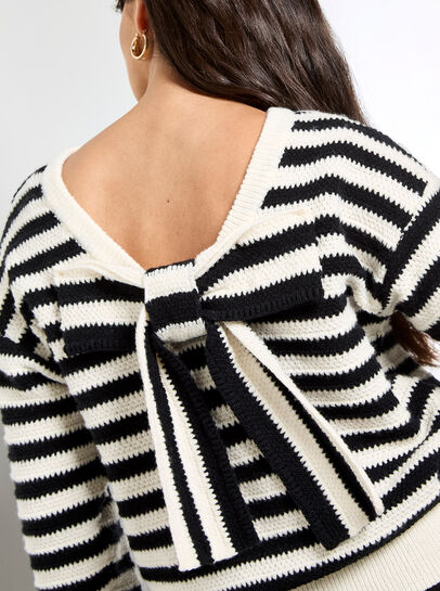 Waffle Knit Stripe Bow Back Jumper