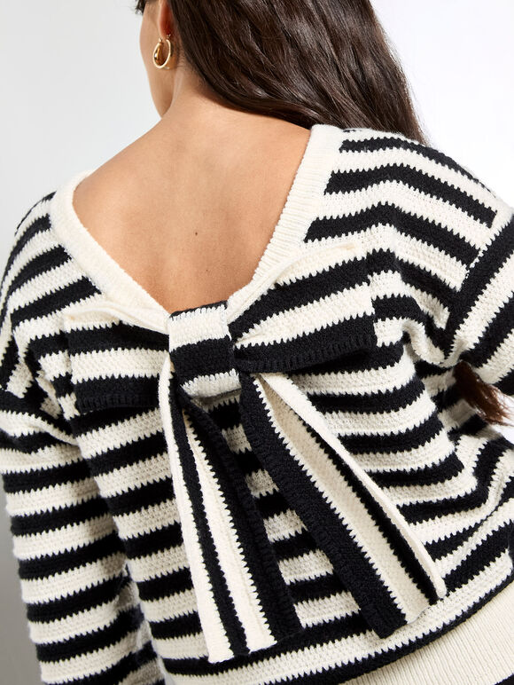 Waffle Knit Stripe Bow Back Jumper, Black, large