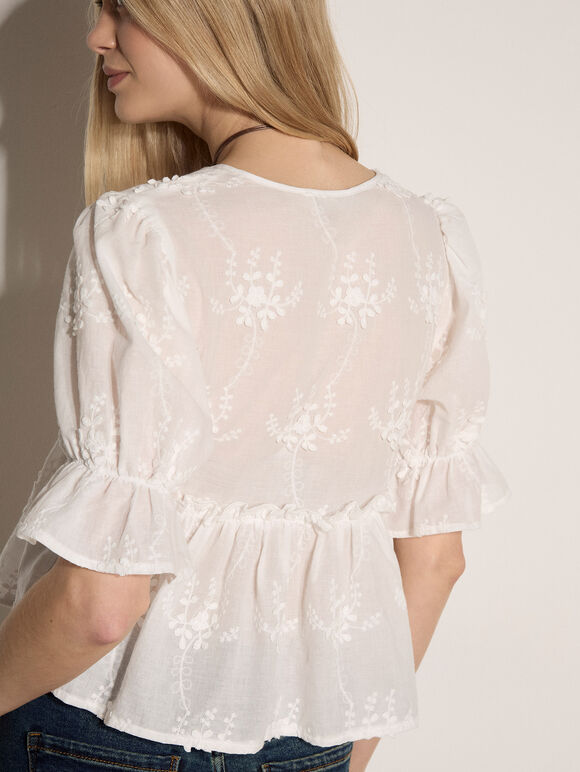 Floral Embroidered Cotton Crop Blouse, White, large