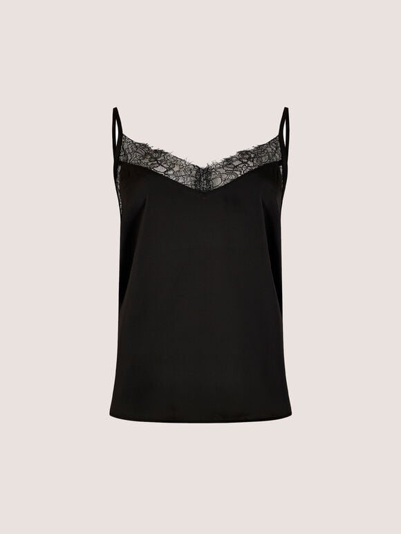Satin Lace Camisole Top, Black, large