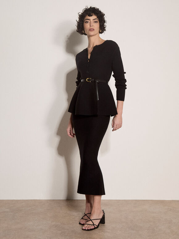 Ribbed Knit Midi Pencil Skirt, Black, large