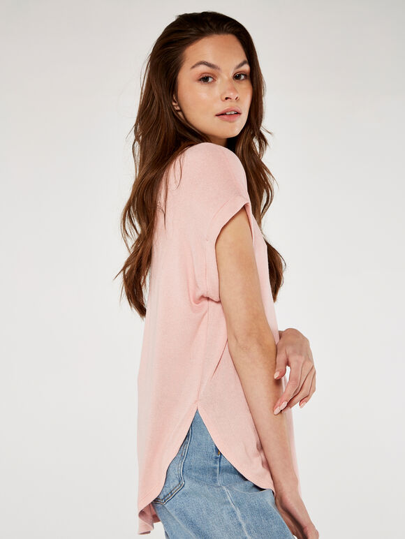 Turn Up Sleeve Top, Pink, large