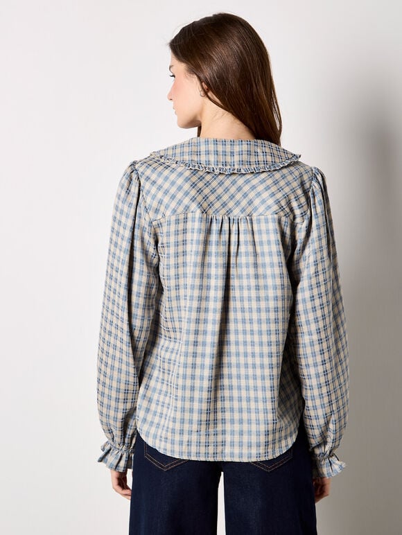 Chenille Check Ruffle Collar Shirt, Blue, large