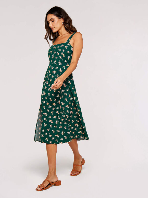 Floral Split Sun Midi Dress, Green, large