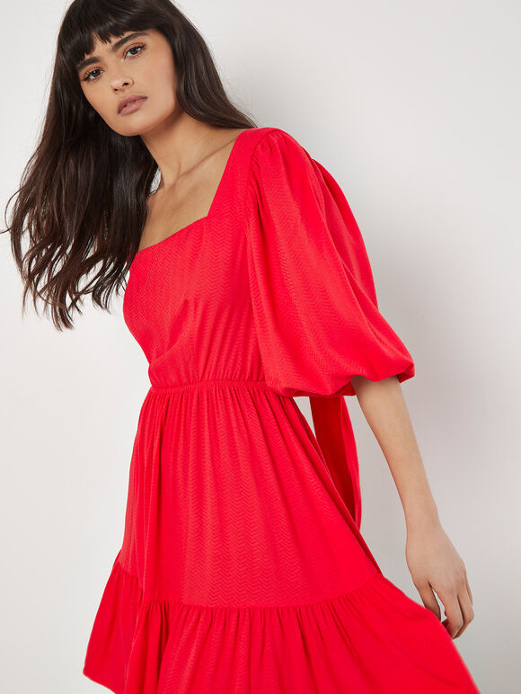 Chevron Texture Cut-Out Mini Dress, Red, large
