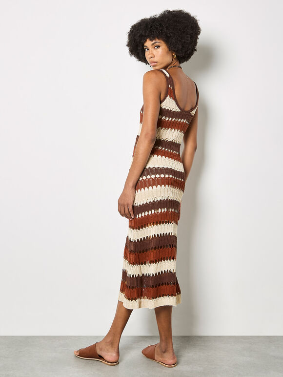 Crochet Stripe Midaxi Dress, Brown, large