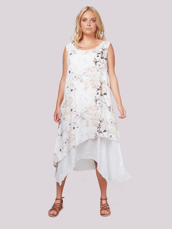 Curve Floral Butterfly Layer Dress, Cream, large