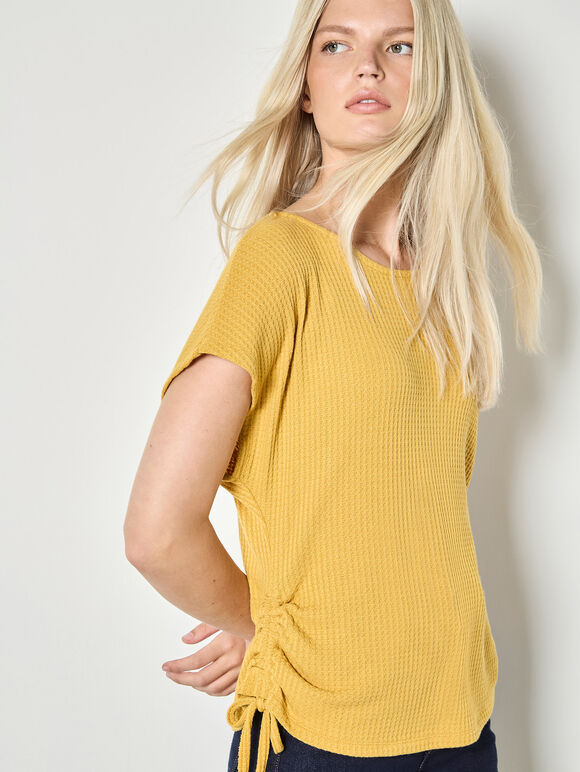 Waffle Knit Ruched T-Shirt, Mustard, large