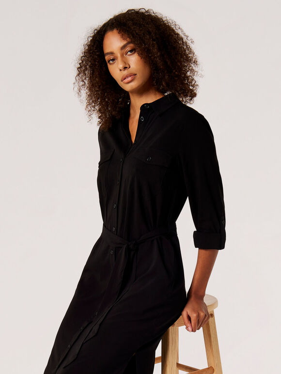 Robe mi-longue chemise utilitaire, noir, grand