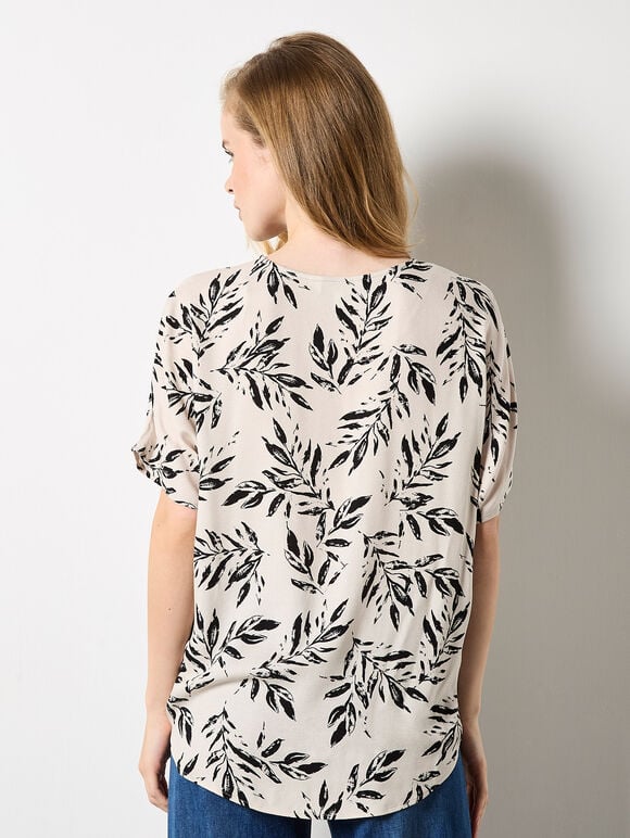 Leaf Print Woven T-Shirt, Stone, large