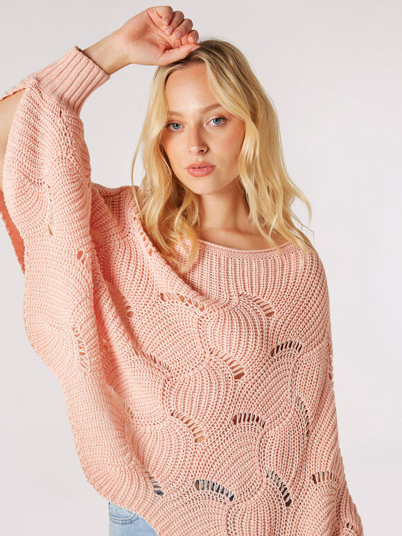 Swirl Knit Poncho Jumper, Coral, large