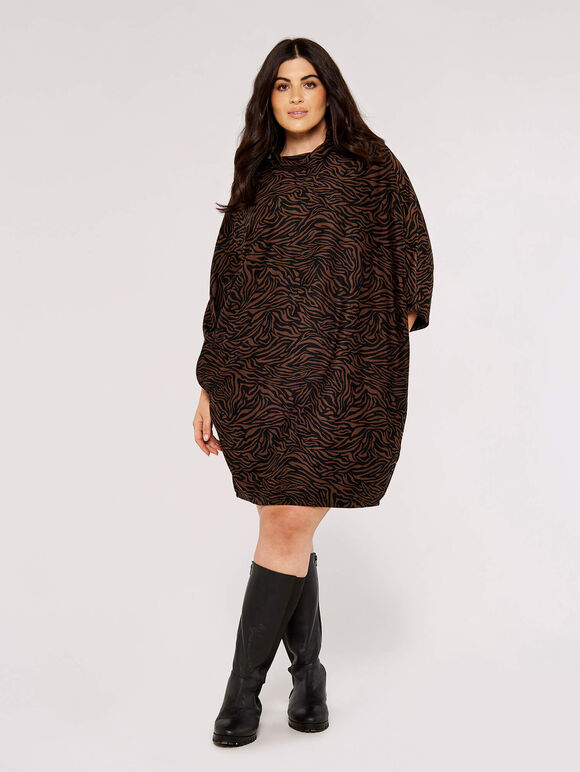 Curve Animal Print Mini Dress, Brown, large