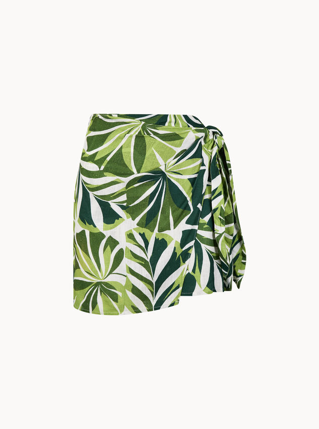 Tropical Leaf Print Wrap Mini Skirt, Green, large