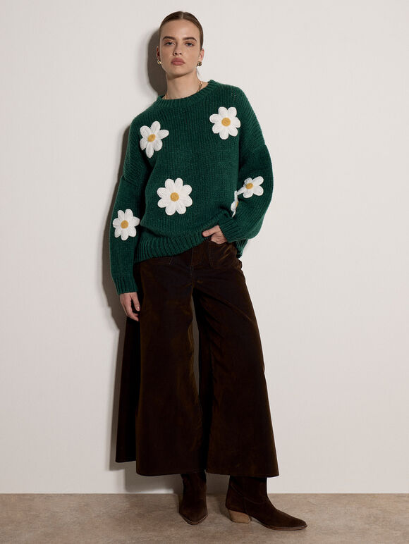 Chunky Knit Flower Applique Jumper, Pine Green, large