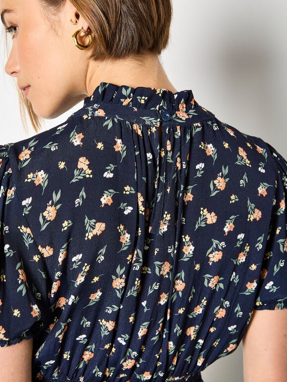Ditsy Floral Ruffle Mini Dress, Navy, large