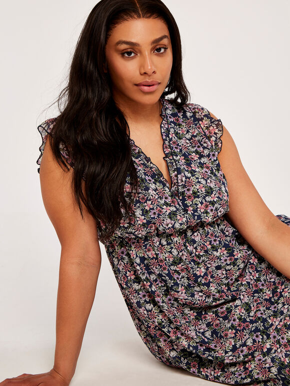 Curve Sketched Bold Ditsy Floral Dress, Navy, large