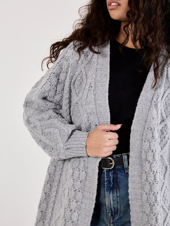 Chunky Cable Knit Longline Cardigan, Grey, large
