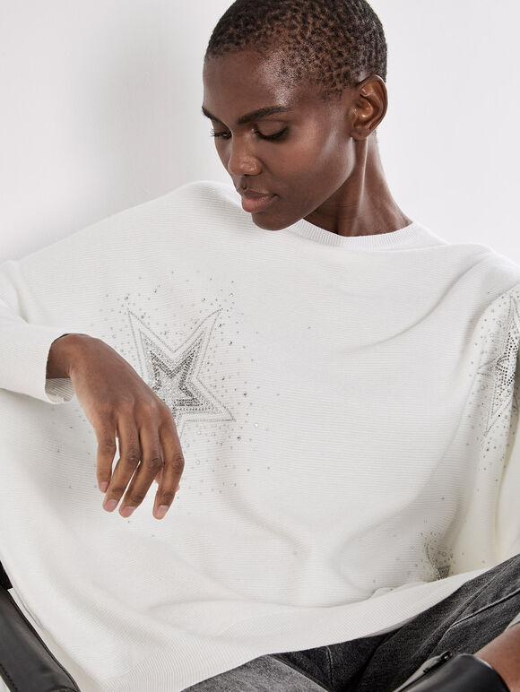 Stud Star Batwing Tunic Jumper, White, large