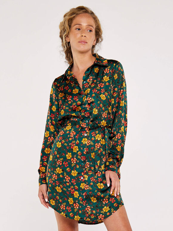 Tapestry Floral Shirt Dress, Green, large