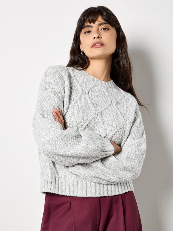 Chunky Cable Knit Crop Jumper, Grey, large