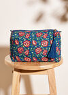 Pochette zippée matelassée à imprimé floral, bleu, grande