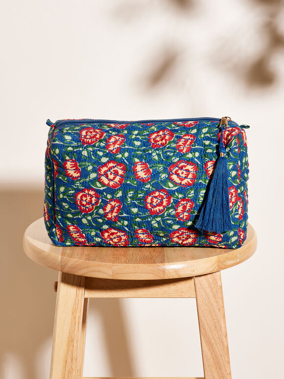 Pochette zippée matelassée à imprimé floral, bleu, grande