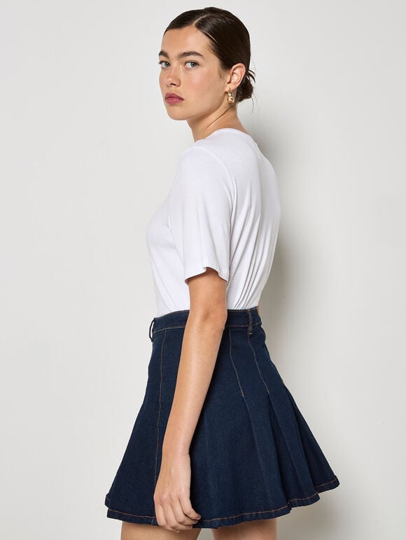 Pleated Denim Mini Skirt, Blue, large