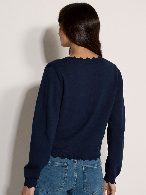 Scallop Hem Cardigan, Navy, large