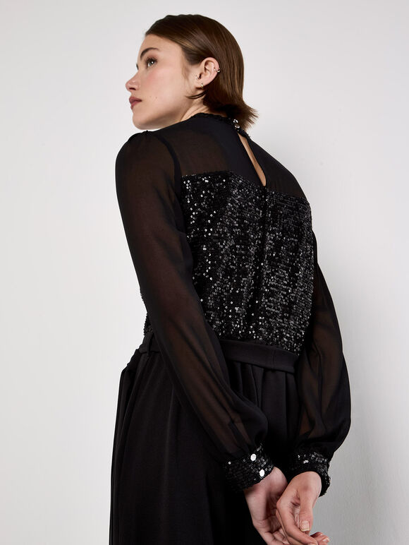 Sequin Bodice Jumpsuit, Black, large