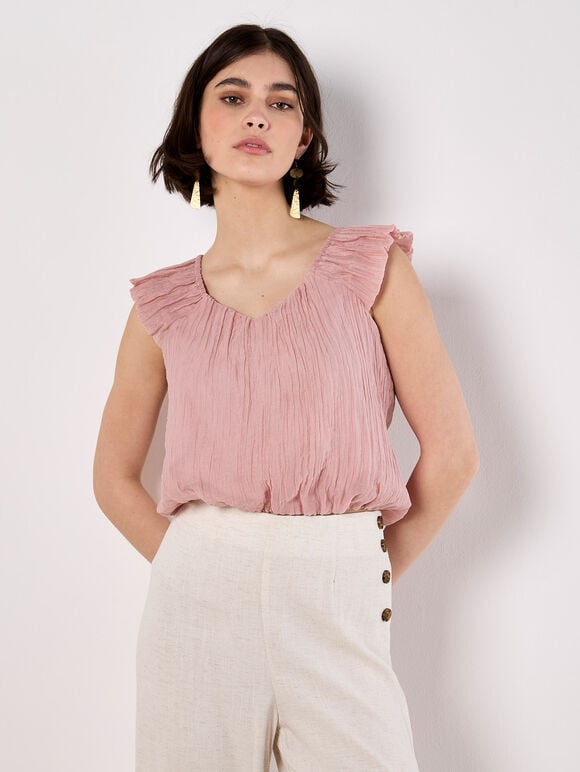 Sheer Crinkle Bubble Hem Crop Top, Pink, large