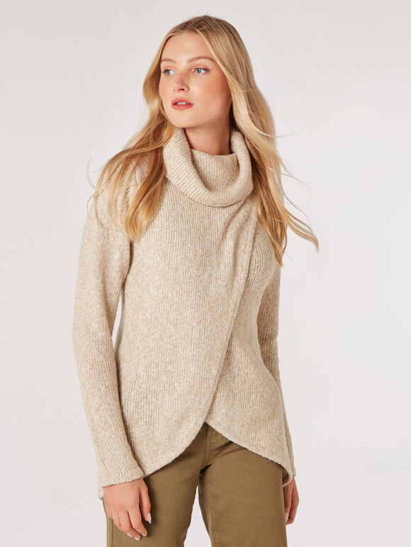 Roll Neck Slub Wrap Jumper, Stone, large